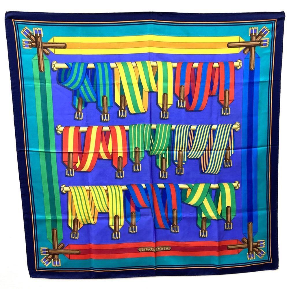 HERMES Carre 90 J METZ Les Sangles Suspender Belt Scarf Muffler Silk Navy Wom... - Picture 2 of 4